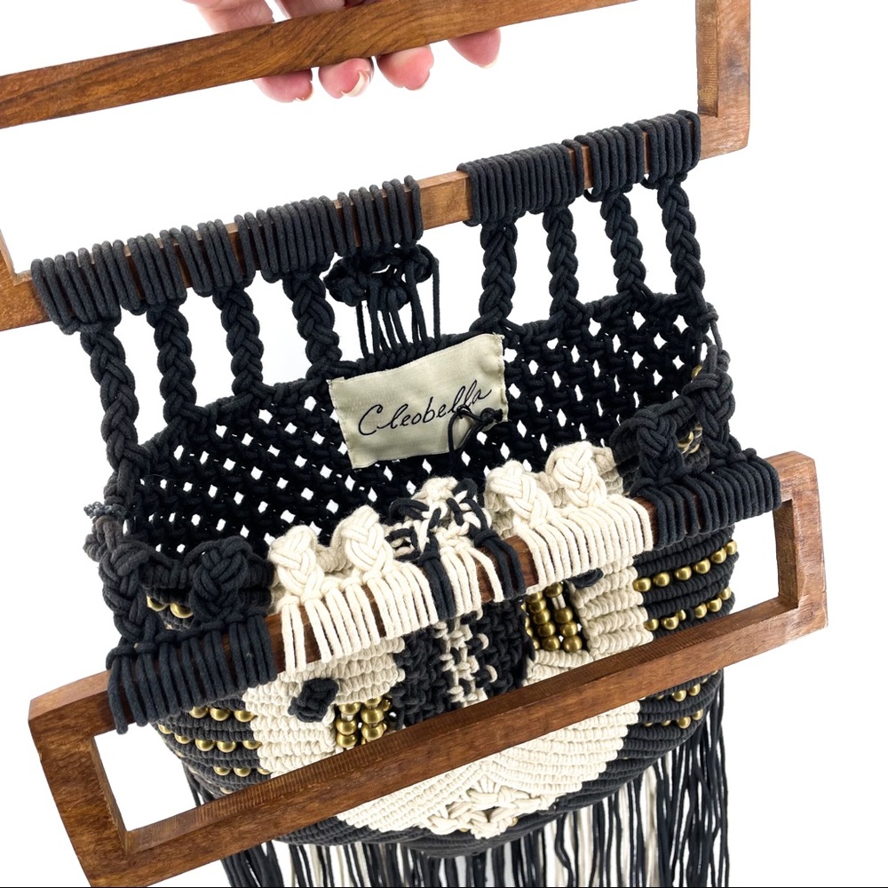 CLEOBELLA🌺Seville Boho Fringe Retro Macrame Beaded Clutch Black & White - Picture 8 of 12